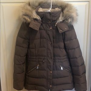 Zara Brown Puffer Jacket with Faux Fur Hood